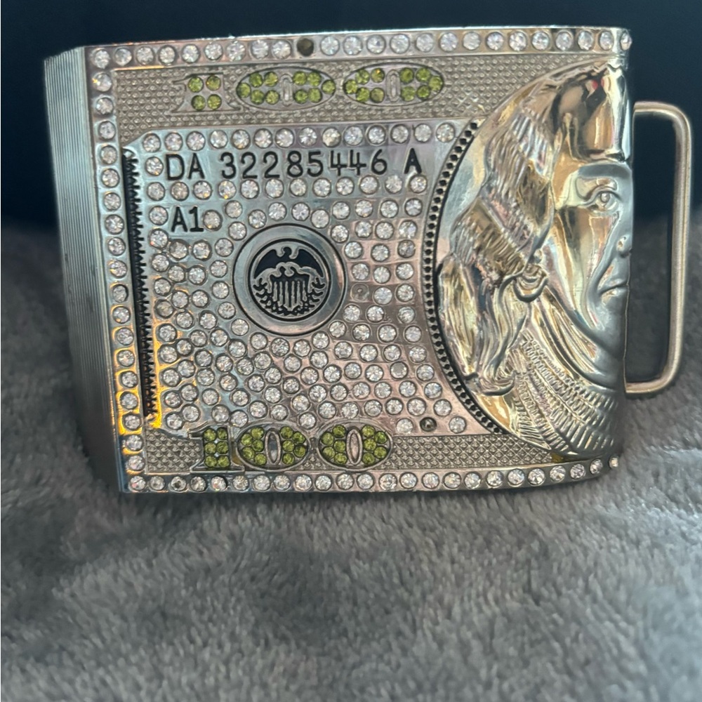 Silver and green Dollar Bill rhinestone Belt Buckle